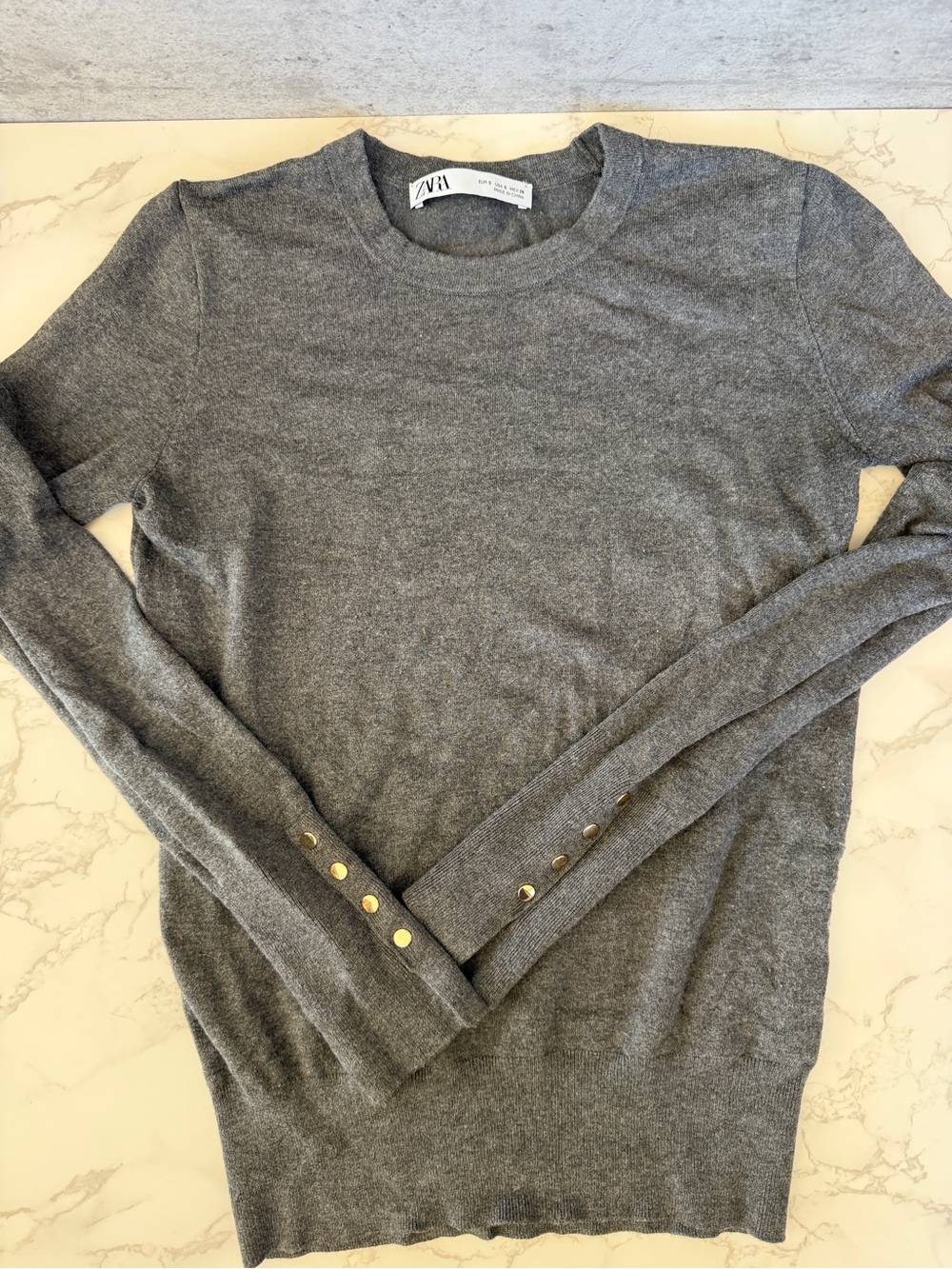 Zara Gray Crewneck Sweater with Gold Cuff Buttons